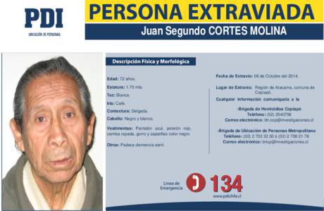 Juan Segundo CORTES MOLINA  Edad: 72 años. Estatura: 1.70 mts. Tez: Blanca.