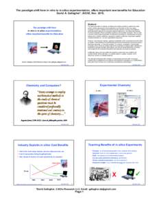 The paradigm shift from in vitro to in silico experimentation, offers important new benefits for Education David A. Gallagher*, AIChE, Nov. 2010, Abstract: The latest generation of software modeling tools enables student