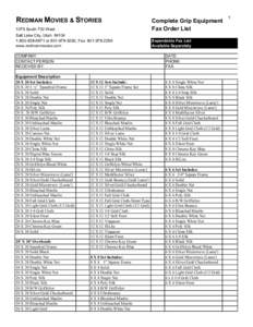 REDMAN MOVIES & STORIES 1075 South 700 West Complete Grip Equipment Fax Order List