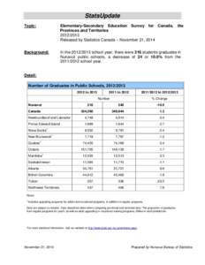 StatsUpdate Topic: Elementary-Secondary Education Survey for Canada, the Provinces and Territories