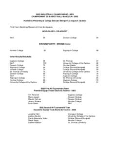 2003 BASKETBALL CHAMPIONSHIP - MEN CHAMPIONNAT DE BASKET-BALL MASCULIN[removed]Hosted by/Présenté par Collège Édouard Montpetit, Longueuil, Quebec Final Team Standings/Classement final des équipes: GOLD/SILVER - OR/A