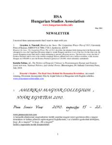 HSA Hungarian Studies Association www.hungarianstudies.info May[removed]NEWSLETTER