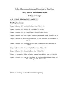 Order of Recommendations and Groupings for Final Vote Friday, Aug 26, 2005 Morning Session (Subject to Change) AIR FORCE RECOMMENDATIONS Briefing Separately:
