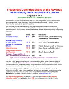 Treasurers/Commissioners of the Revenue Joint Continuing Education Conference & Courses August 5-8, 2012 Wintergreen Resort and Conference & Center There are five courses being offered by TAV plus one being offered by th