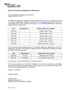 Notice of Partial End of Replacement of Medications  An Act respecting prescription drug insurance (chapter A-29.01, s[removed]The Régie de l’assurance maladie du Québec hereby gives notice that it is partially cance