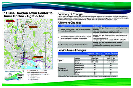 11 Line: Towson Town Center to Inner Harbor - Light & Lee Summary of Changes Line 11’s overall length will be shortened and its southern portion between Downtown and Canton will be transferred to the new Line 31. Its c