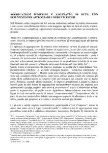 AGGREGAZIONI D’IMPRESE E CONTRATTO DI STRUMENTO PER AFFRONTARE I MERCATI ESTERI RETE:  UNO