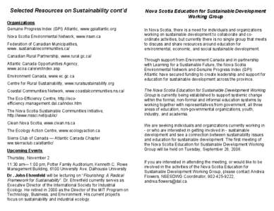 Selected Resources on Sustainability cont’d  Nova Scotia Education for Sustainable Development Working Group  Organizations