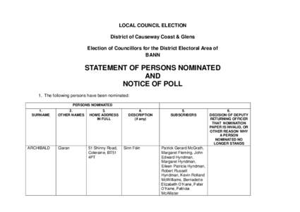 LOCAL COUNCIL ELECTION District of Causeway Coast & Glens Election of Councillors for the District Electoral Area of BANN  STATEMENT OF PERSONS NOMINATED