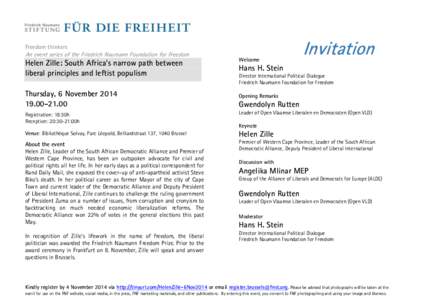 Freedom thinkers  An event series of the Friedrich Naumann Foundation for Freedom Helen Zille: South Africa’s narrow path between liberal principles and leftist populism