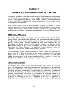 SECTION V GOVERNOR’S RECOMMENDATIONS BY FUNCTION This section includes a schedule by budget account of the Governor’s recommended level of spending by funding source. In each budget, the actual year expenditures for 