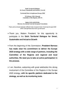 Sixth Territorial Dialogue for Smart, Sustainable and Inclusive Growth Territorial Pacts to implement Europe[removed]February 2011, Brussels Committee of the Regions, JDE 52