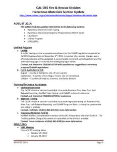 CAL OES Fire & Rescue Division Hazardous Materials Section Update http://www.caloes.ca.gov/HazardousMaterials/Pages/Hazardous-Materials.aspx AUGUST 2014: This edition includes updated information to the following section