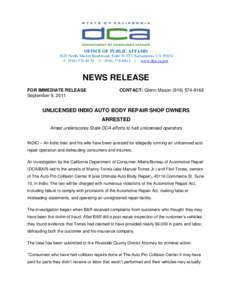OFFICE OF PUBLIC AFFAIRS 1625 North Market Boulevard, Suite N-323, Sacramento, CA[removed]P[removed]F[removed] | www.dca.ca.gov NEWS RELEASE FOR IMMEDIATE RELEASE