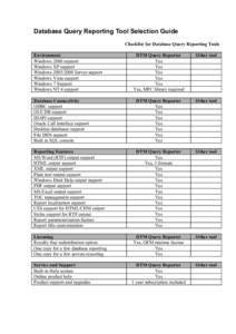 Database Query Reporting Tool Selection Guide Checklist for Database Query Reporting Tools Environment Windows 2000 support Windows XP support Windows[removed]Server support