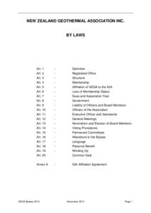 NEW ZEALAND GEOTHERMAL ASSOCIATION INC.  BY LAWS Art. 1 Art. 2