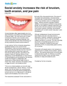 Social anxiety increases the risk of bruxism, tooth erosion, and jaw pain