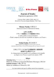 Journée d’études Populations japonaises (CEJ) 12 février 2016, 14h30-17h30, salle 5.12 INALCO, 65 rue des Grands Moulins, 75013 Paris  Mizuno Noriko 水野紀子
