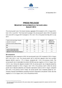 25 September[removed]PRESS RELEASE MONETARY DEVELOPMENTS IN THE EURO AREA: AUGUST 2014 The annual growth rate of the broad monetary aggregate M3 increased to 2.0% in August 2014,