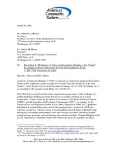 March 26, 2007  Ms. Jennifer J. Johnson Secretary Board of Governors of the Federal Reserve System 20th Street and Constitution Avenue, N.W.