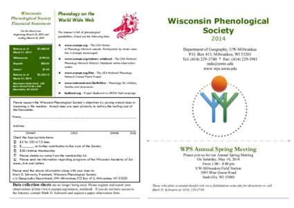 Wisconsin Phenological Society Financial Statement for the fiscal year beginning March 31, 2013 and ending March 31, 2014