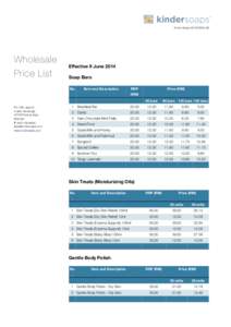 Kinder SoapsM)  Wholesale Price List  Eﬀective 9 June 2014
