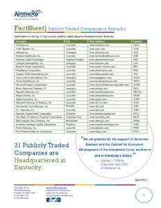 FactSheet} Publicly Traded Companies in Kentucky Listed below are the top 25 (by revenue) publicly traded companies headquartered in Kentucky. Company City