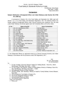 File NoRailway/ FSSAI  Food Safety & Standards Authority of India FDA Bhawan, Kotla Road, New Delhi, Date: 