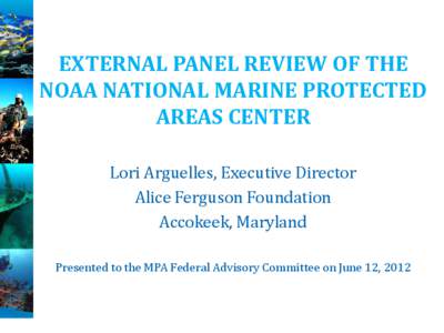 EXTERNAL PANEL REVIEW OF THE NOAA NATIONAL MARINE PROTECTED AREAS CENTER Lori Arguelles, Executive Director Alice Ferguson Foundation Accokeek, Maryland