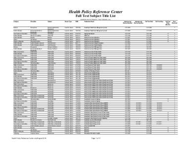 Health Policy Reference Center Full Text Subject Title List (Academic Journal, Magazine, Trade Publication, etc.) Category