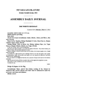 NEVADA LEGISLATURE Seventy-Seventh Session, 2013 ASSEMBLY DAILY JOURNAL THE TWENTY-NINTH DAY CARSON CITY (Monday), March 4, 2013