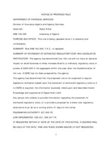 NOTICE OF PROPOSED RULE DEPARTMENT OF FINANCIAL SERVICES Division of Insurance Agents and Agency Services RULE NO.:  RULE TITLE: