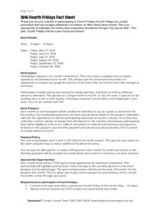 Page 1 ofFourth Fridays Fact Sheet Thank you for your interest in participating in Fourth Fridays! Fourth Fridays are a retail promotion that encourages pedestrian circulation on Main Street each month. This is 