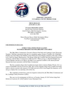 TIMOTHY J. MCGINTY CUYAHOGA COUNTY PROSECUTOR PRESS RELEASE JANUARY 25, 2013 For more information contact: Paul M. Nick, Executive Director