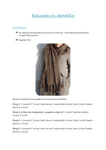 Echarpe en dentelle Fournitures : Eco alpaca de cascade (chez Laine et tricot), couleur jais : deux écheveaux puisqu’il faut compter 160 gr de laine Aiguilles n°4,5