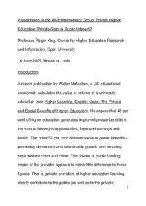 Presentation to the All-Parliamentary Group: Private Higher Education: Private Gain or Public Interest