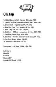 On Tap 1. (Nitro) Cooper’s Hall – Sangria di Grassa, (PDX) 2. (Nitro) Oakshire - Overcast Espresso Stout, 5.8% (OR) 3. Green Flash – Imperial Rye IPA, 9% (CA) 4. Blue Mtn. Cider Co. – Winesap, 6.75% (OR) 5. Pints