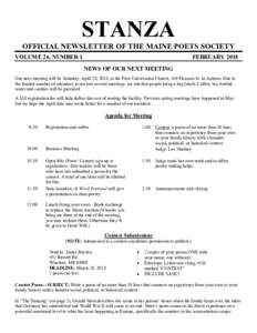 STANZA  OFFICIAL NEWSLETTER OF THE MAINE POETS SOCIETY VOLUME 26, NUMBER 1  FEBRUARY 2018