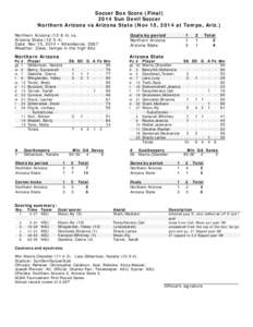 Soccer Box Score (Final[removed]Sun Devil Soccer Northern Arizona vs Arizona State (Nov 15, 2014 at Tempe, Ariz.) Northern Arizona[removed]vs. Arizona State[removed]Date: Nov 15, 2014 • Attendance: 2067