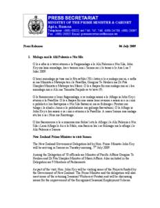 PRESS SECRETARIAT MINISTRY OF THE PRIME MINISTER & CABINET Apia, Samoa  Telephone : ([removed]ext 746, 747, 748, ([removed], ([removed]