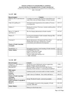 SOUTH AUSTRALIAN GEOGRAPHICAL JOURNAL Journal of the Royal Geographical Society of South Australia (Inc) (Formerly the Proceedings of the Royal Geographical Society (SA Branch)) ISSN: [removed]Vol[removed]