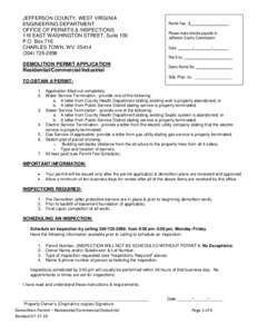 JEFFERSON COUNTY, WEST VIRGINIA ENGINEERING DEPARTMENT OFFICE OF PERMITS & INSPECTIONS 116 EAST WASHINGTON STREET, Suite 100 P.O. Box 716 CHARLES TOWN, WV 25414