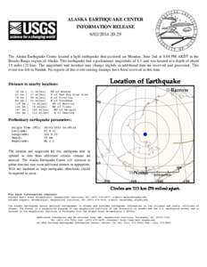 ALASKA EARTHQUAKE CENTER INFORMATION RELEASE[removed]:29 The Alaska Earthquake Center located a light earthquake that occurred on Monday, June 2nd at 8:08 PM AKDT in the Brooks Range region of Alaska. This earthquake