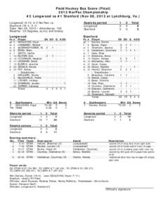 Field Hockey Box Score (Final[removed]NorPac Championship #2 Longwood vs #1 Stanford (Nov 08, 2013 at Lynchburg, Va.) Longwood (9-12, 6-2 NorPac) vs. Stanford (16-4, 5-1) Date: Nov 08, 2013 • Attendance: 103