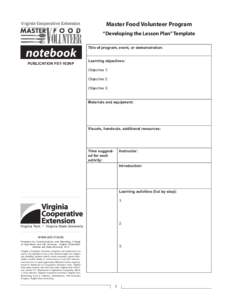 Master Food Volunteer Program “Developing the Lesson Plan” Template notebook PUBLICATION FST-103NP