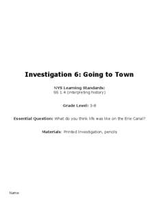 Investigation 6: Going to Town NYS Learning Standards: SS 1.4 (interpreting history) Grade Level: 3-8 Essential Question: What do you think life was like on the Erie Canal? Materials: Printed Investigation, pencils