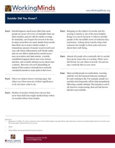 www.WorkingMinds.org  Suicide: Did You Know? Fact: Suicide happens much more often than most people are aware. For every 2 homicides there are