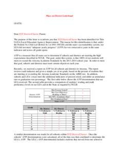 Place on District Letterhead (DATE) Dear XYZ District/Charter Parent: The purpose of this letter is to inform you that XYZ District/Charter has been identified for Title I LEA (Local Education Agency) Improvement. The re