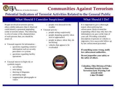 Communities Against Terrorism Potential Indicators of Terrorist Activities Related to the General Public What Should I Consider Suspicious? People involved in terrorist activity often exhibit indicators that if observed 