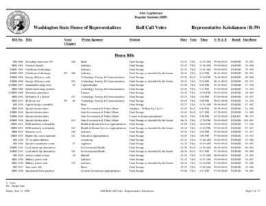 61st Legislature Regular Session[removed]Washington State House of Representatives Bill No. Title